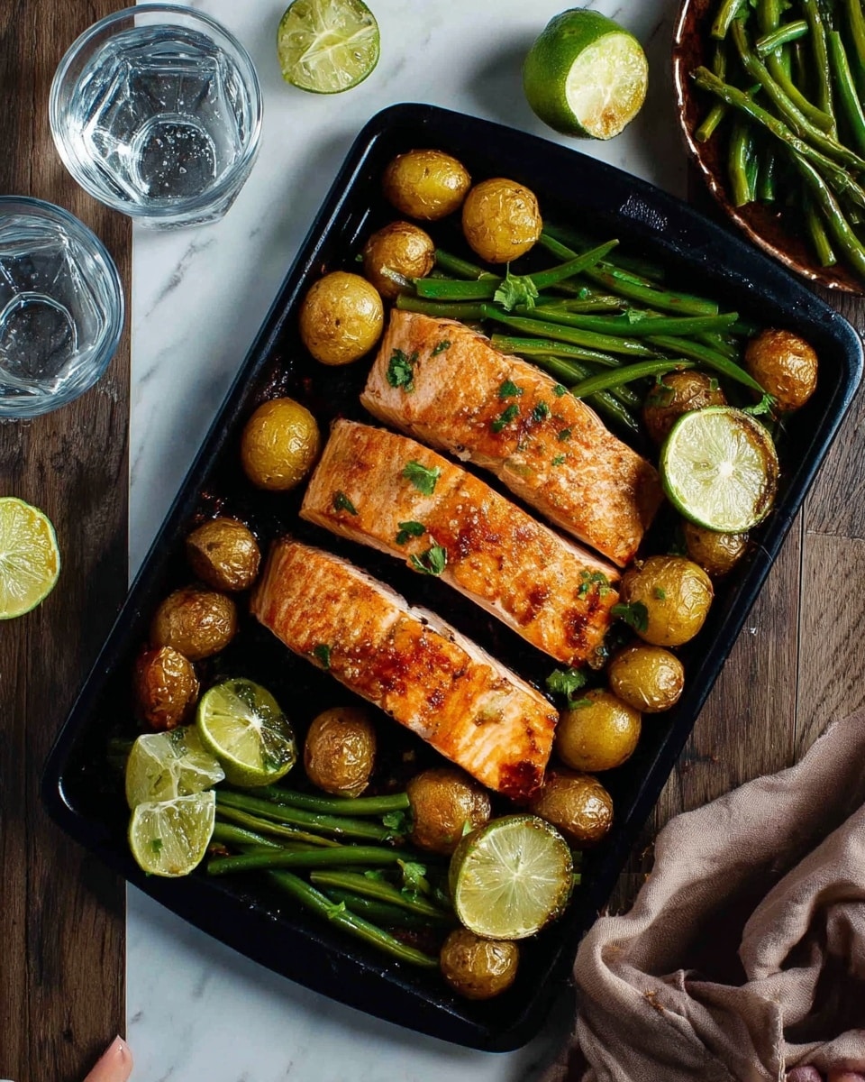 One Tray Oven Baked Honey Chili Lime Salmon with Potatoes and Beans Recipe