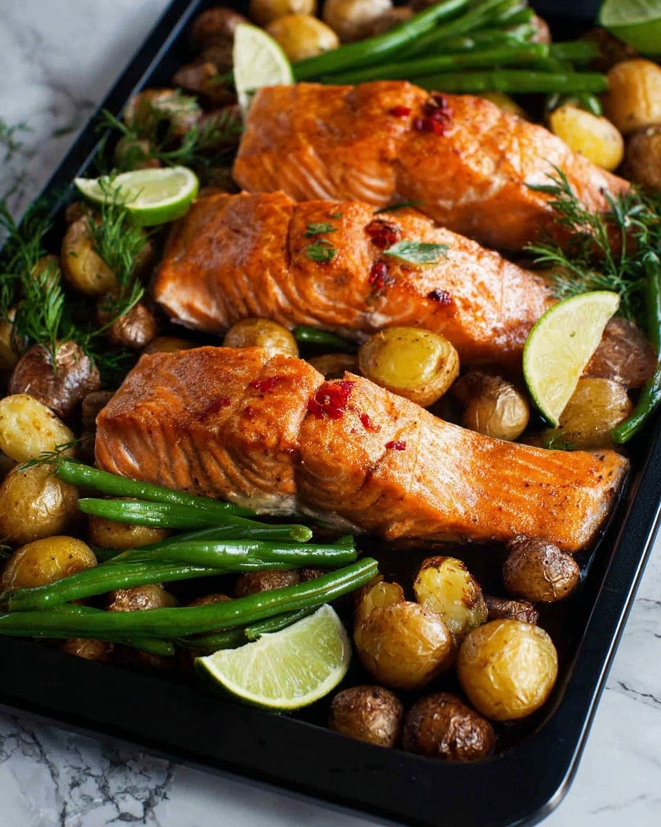 The image shows three large pieces of cooked salmon lying horizontally on a black tray, each piece a rich orange-pink with a slightly crispy texture and hints of red seasoning on top. Surrounding the salmon are many small, golden-brown roasted potatoes, some cut in half showing their soft inside. Also mixed in are bright green, cooked green beans that add contrast. Toward the edges, there are light green lime wedges, adding a fresh touch and some brightness. The whole scene is set against a background with a white marbled texture, giving a clean look. photo taken with an iphone --ar 4:5 --v 7