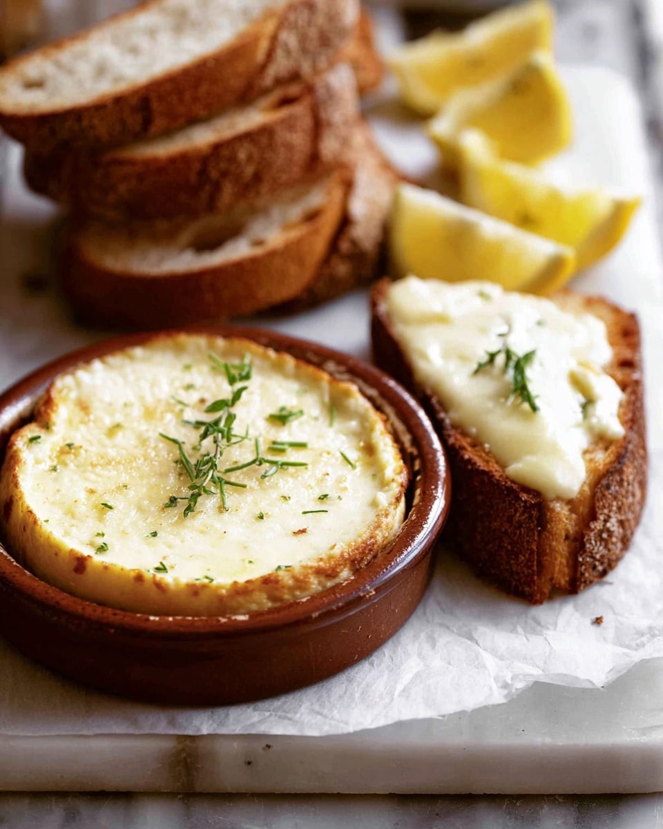 Two white ceramic ramekins filled with a creamy, golden baked cheese dip, with a light brown crust on top. The front ramekin is topped with small, diced red tomatoes and green herbs that add a fresh touch. Around the ramekins, there are two slices of toasted brown bread on a white marbled surface. A silver knife lies next to the front ramekin, and in the background, there are two glasses with light-colored liquid and some lemon wedges. Small green herb pieces are scattered lightly around the ramekins on the surface. Photo taken with an iphone --ar 4:5 --v 7