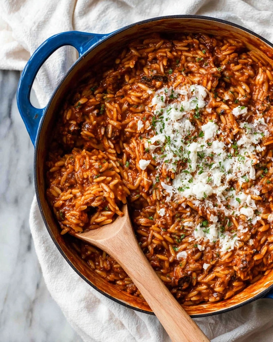 A blue cast iron pan filled with a thick, rich orzo dish mixed with a deep red tomato sauce and small pieces of browned meat, garnished in the center with finely grated white cheese and small green herb flecks, a wooden spoon scooping out a portion from the bottom right side, all placed on a white marbled surface with a white cloth around the pan edges, photo taken with an iphone --ar 4:5 --v 7