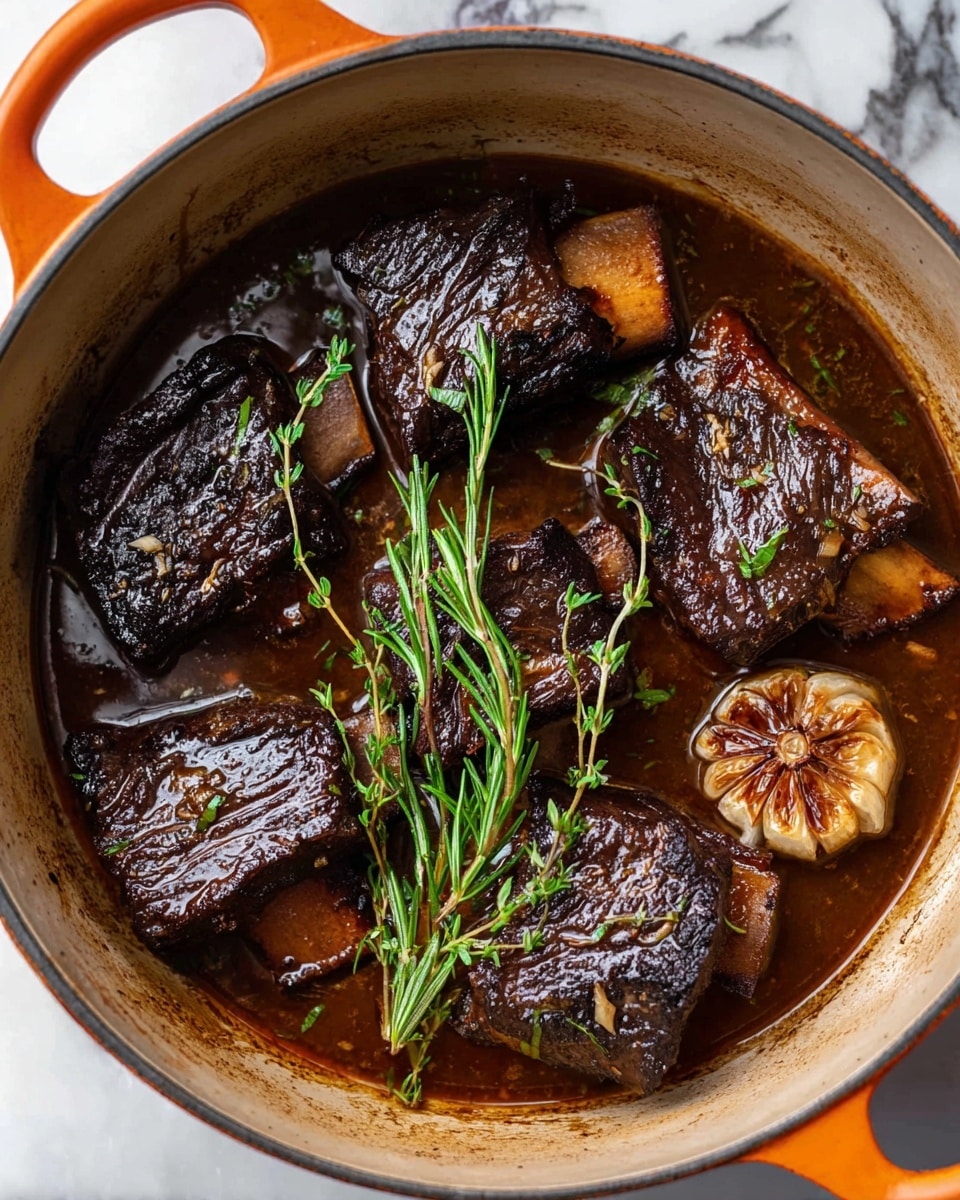 The image shows a large round orange pot filled with five pieces of dark brown, slow-cooked beef ribs, each with a visible bone and a shiny, caramelized texture. The ribs sit in a rich, glossy brown sauce and are garnished with green sprigs of fresh rosemary and thyme. On one side of the pot, there is a whole roasted head of garlic with a golden brown color, slightly submerged in the sauce. The pot is placed on a white marbled surface. Photo taken with an iphone --ar 4:5 --v 7
