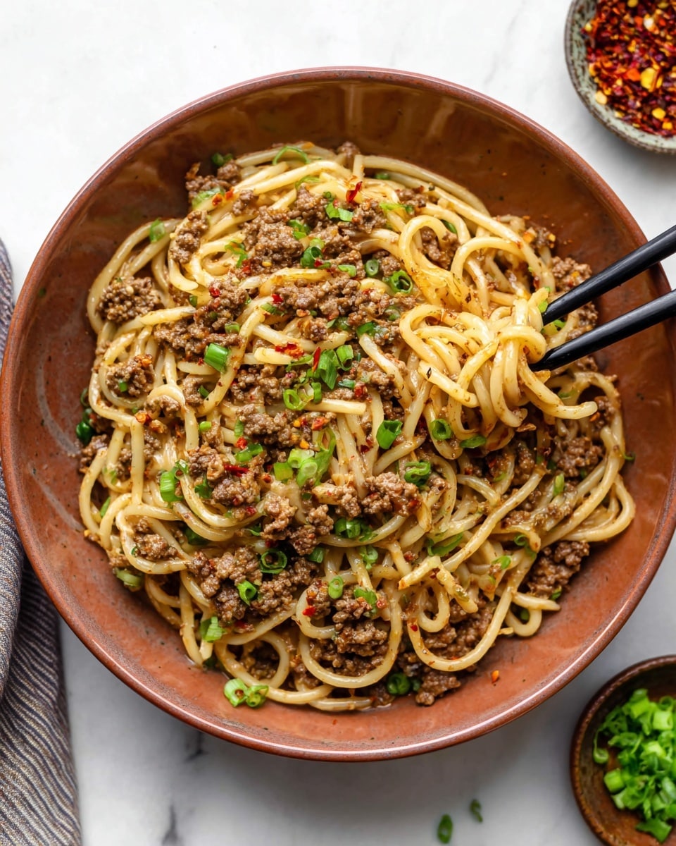A large deep bowl filled with a single layer of cooked noodles mixed evenly with browned ground meat, giving a mix of light beige and brown colors, sprinkled with chopped green onions and small red chili flakes scattered throughout. Black chopsticks are picking up a twisted portion of noodles from the lower right side of the bowl. The bowl sits on a white marbled surface with small bowls of chopped green onions and chili flakes nearby in the upper right background. photo taken with an iphone --ar 4:5 --v 7