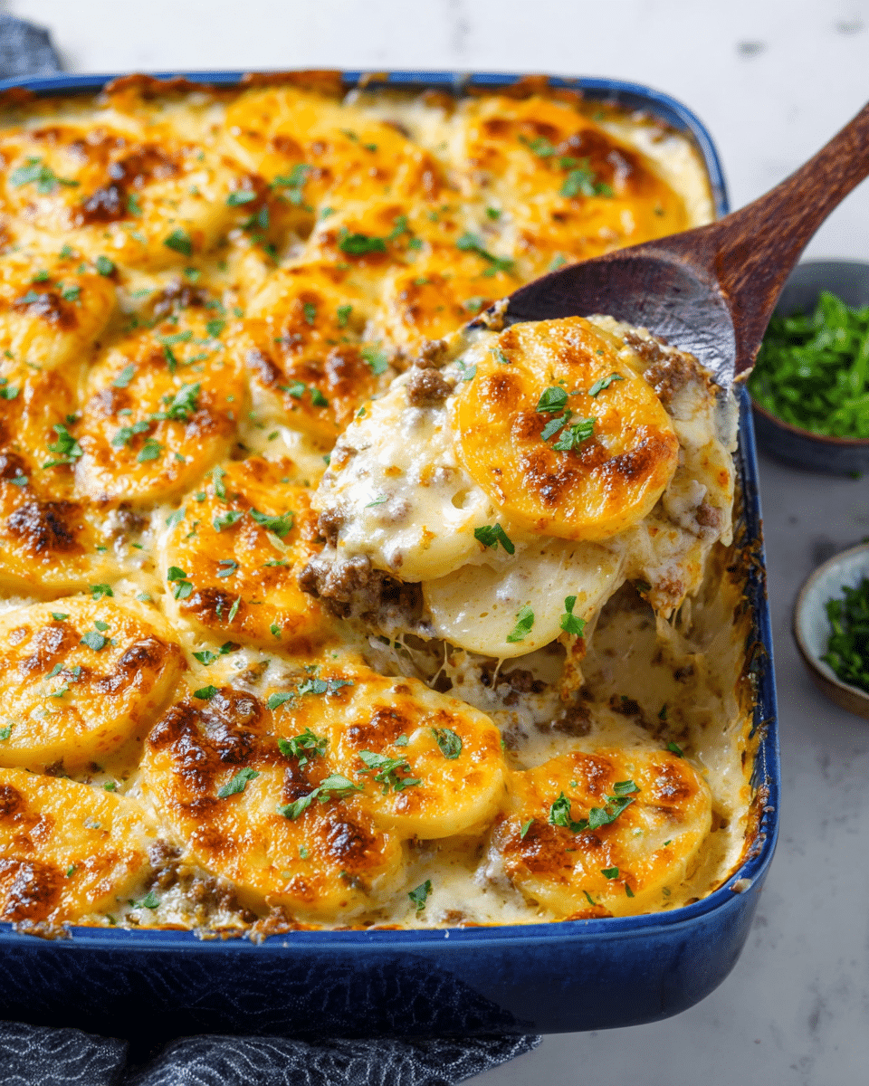 The image shows a rectangular blue baking dish filled with a cheesy potato casserole. The top layer has golden-brown melted cheese with a slightly crispy texture, sprinkled with fresh green herbs. Below the cheese are thick slices of creamy white potatoes that look soft and covered in a rich, creamy sauce mixed with small bits of browned meat. A dark wooden spoon is lifting some of the casserole, showing the layers of potatoes, cheese, sauce, and meat beneath. The dish sits on a white marbled surface with a small green herb bowl in the top right corner. photo taken with an iphone --ar 4:5 --v 7