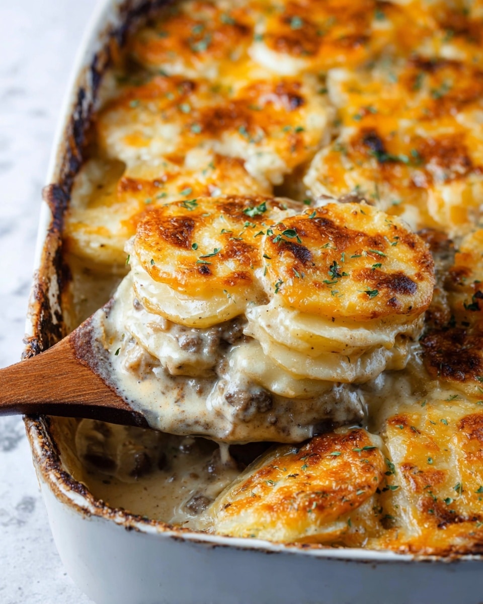 A close-up of a layered dish in a white baking dish on a white marbled surface, showing thick slices of golden-brown baked potatoes covered with melted cheese on top, sprinkled with small green herb bits. The dish has at least three visible layers: the top layer is browned cheese with a slightly crispy texture, the middle layer has creamy, white sauce with tiny chunks of browned meat, and the bottom layer appears to be more potato slices in creamy sauce. A wooden spoon scoops several layers, revealing the creamy and cheesy texture mixing with the meat and potatoes. photo taken with an iphone --ar 4:5 --v 7