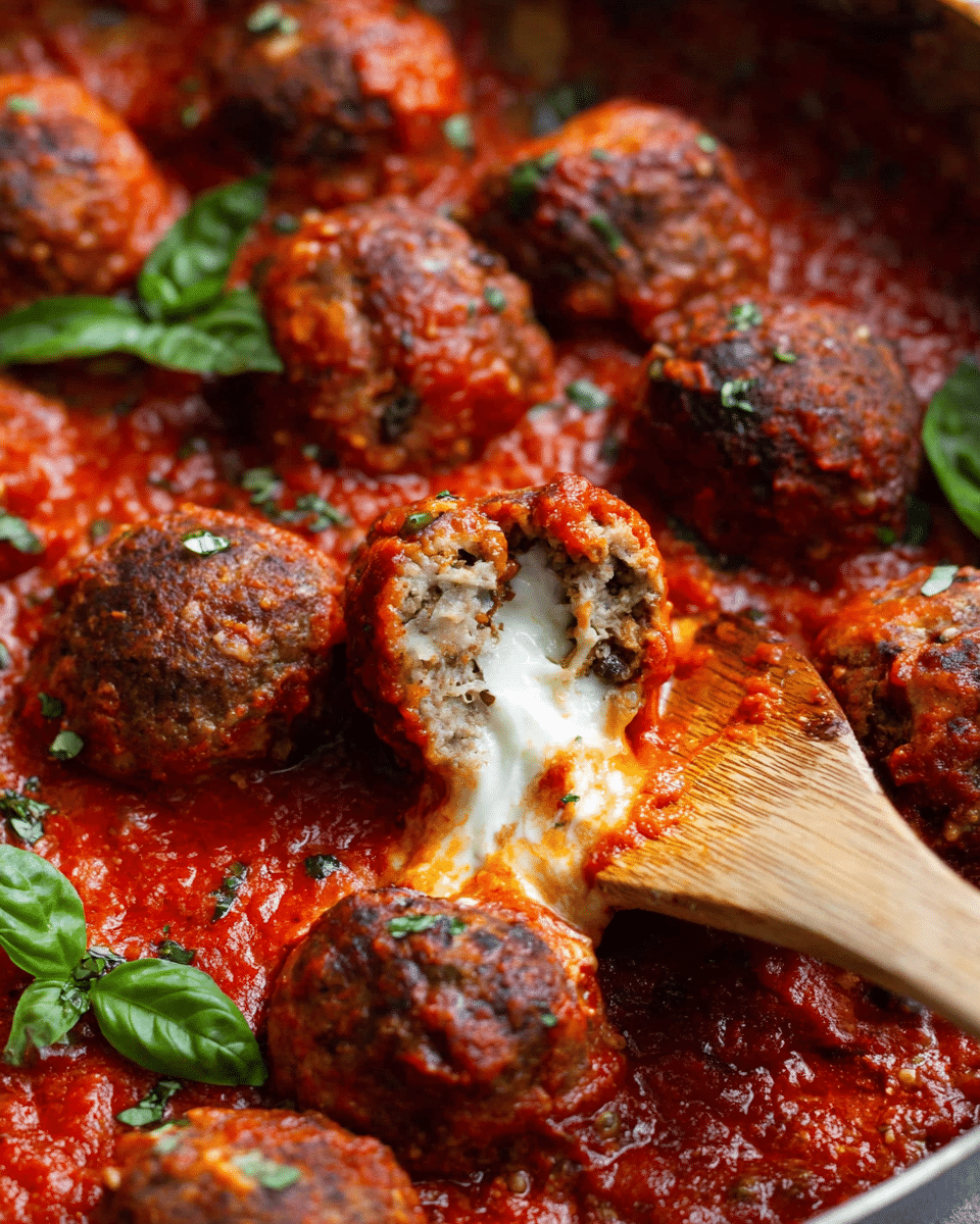 This image shows several round meatballs covered in thick, rich red tomato sauce, scattered inside a pan. One meatball is split open on a wooden spatula, revealing a melty white cheese center inside the brown, textured meat layer. The meatballs are sprinkled with small green herb pieces, and there are fresh green basil leaves adding a bright contrast to the red sauce. The red sauce has a chunky texture with visible bits of tomato. The pan's edge is slightly visible on the right side of the image. photo taken with an iphone --ar 4:5 --v 7
