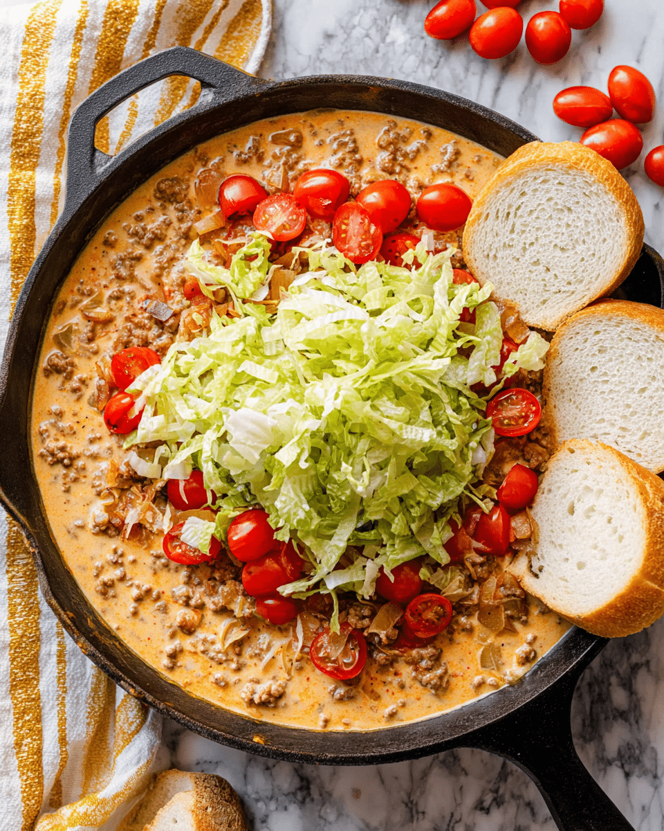 A black cast iron pan filled with a creamy, light orange sauce mixed with ground meat as the base layer, topped with a generous mound of shredded pale green lettuce and bright red halved cherry tomatoes scattered throughout. Small pieces of browned, diced onions are sprinkled on top, adding texture and color contrast. Several white slices of crusty bread are placed both inside the pan, partially dipped in the mixture on the right side, and around the pan on a white marbled surface. A folded striped yellow and white cloth is partially visible on the top left corner. photo taken with an iphone --ar 4:5 --v 7