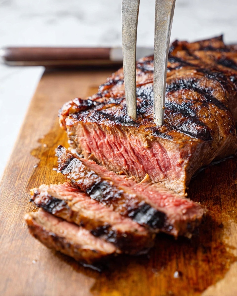The image shows a thick, grilled steak being sliced on a wooden cutting board with a sharp knife and held steady by a two-prong fork. The steak has a seared, dark brown crust with char marks on top. The inside of the steak is a juicy pink, showing a medium-rare cook. The cutting board has a rough texture and holds some meat juices pooling near the sliced pieces. The steak slices are uneven but thick, revealing the tender inside meat. The background has a white marbled texture. Photo taken with an iphone --ar 4:5 --v 7
