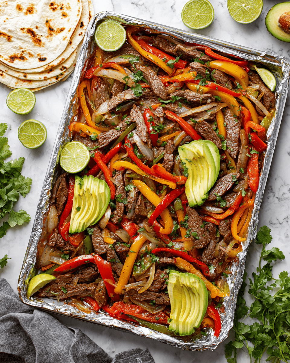 The image shows a large silver baking tray lined with foil, filled with a colorful mix of cooked steak strips, sliced red, yellow, and green bell peppers, and translucent cooked onions spread evenly across the tray. Bright green cilantro leaves are scattered on top, adding fresh green accents. Two sliced avocado halves, each with thin layers fanned out, are placed near the top and bottom right corners, along with several lime wedges positioned on the meat and vegetables. The scene is set on a white marbled surface with grilled white tortillas stacked on the left side and lime halves visible in the background. photo taken with an iphone --ar 4:5 --v 7