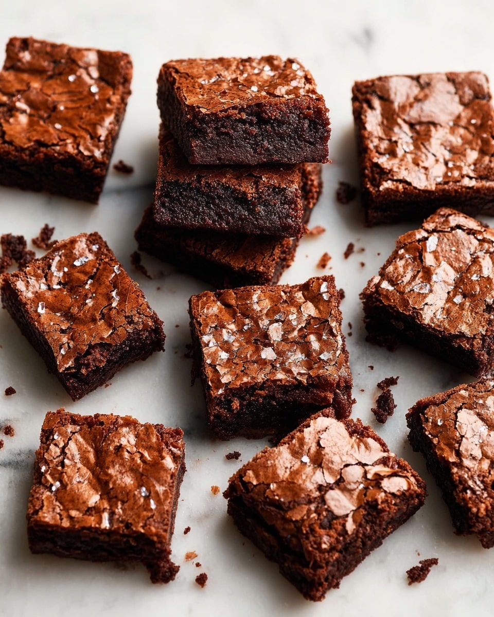 Several square-shaped brownies with cracked, shiny dark brown tops are scattered on a white marbled surface. The brownies have a slightly crumbly texture around the edges, and the inside looks moist and dense in rich dark brown color. Some crumbs are scattered around the brownies, and a few pieces are stacked on top of each other, showing the thick, fudgy layer inside. photo taken with an iphone --ar 4:5 --v 7