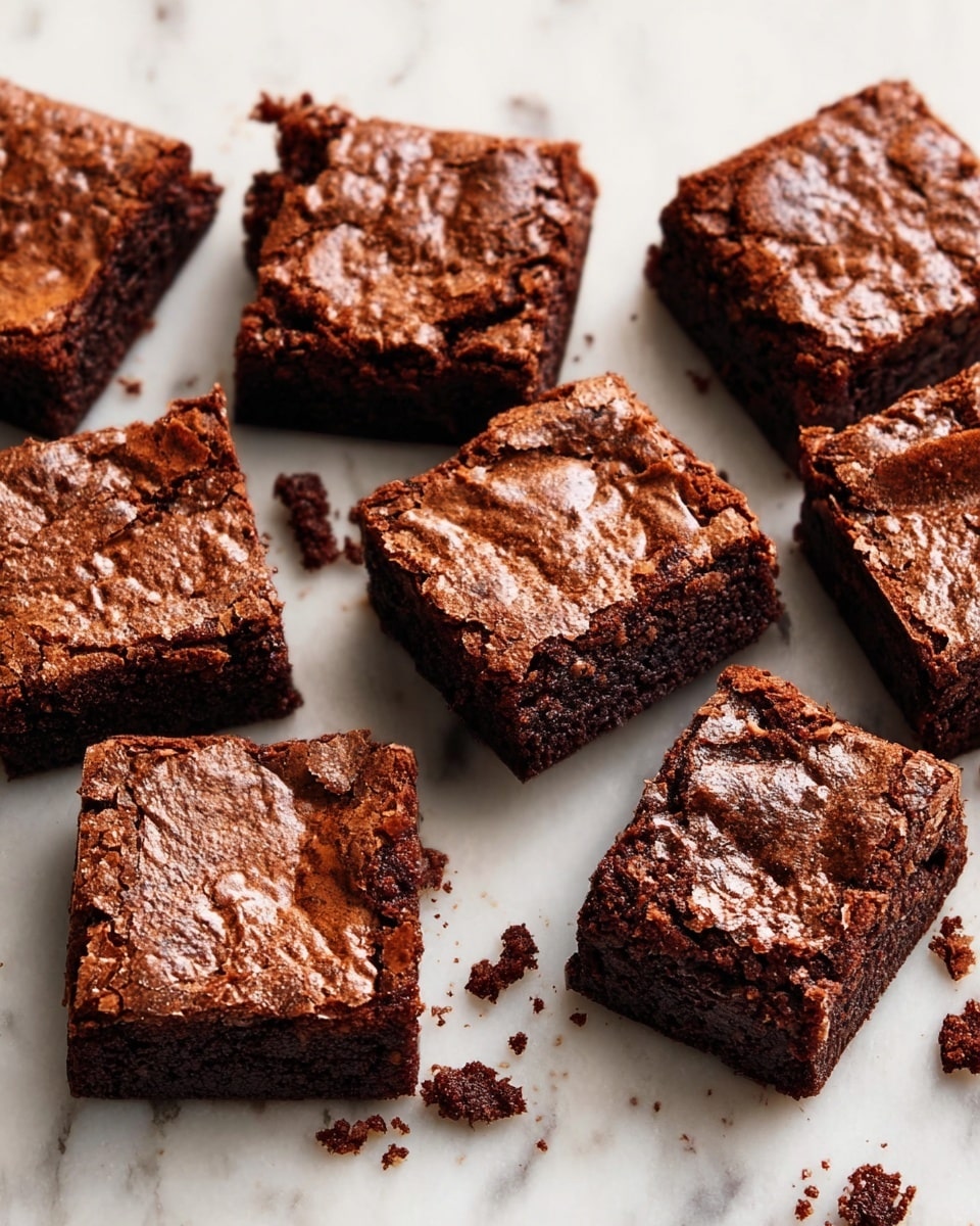 Several square pieces of rich, chocolate brownies are scattered loosely on a white marbled surface. Each brownie has a dark brown, slightly shiny, cracked top layer with a slightly denser darker brown inner layer visible on the cut sides. The texture looks moist and fudgy inside with a slightly crisp crust on top. Small crumbs are scattered around the brownies on the surface. Photo taken with an iphone --ar 4:5 --v 7