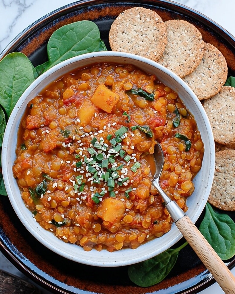 A close-up image of a white bowl filled with orange lentil stew containing visible whole lentils and chunks of vegetables, topped in the center with small white seeds and green leafy herbs. The bowl sits in the middle of a white plate with a rustic dark brown rim, which has fresh green spinach leaves and round whole grain crackers placed around the bowl. A silver spoon with a wooden handle rests inside the bowl on the right side, partially submerged in the stew. The dish is placed on a white marbled surface. Photo taken with an iphone --ar 4:5 --v 7