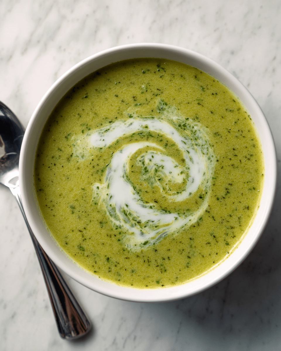 A white bowl filled with smooth green soup that has tiny dark green specks spread throughout. On top of the soup, there is a white cream swirl placed in the center, creating a soft pattern. The bowl sits on a white marbled surface, next to a shiny silver spoon on the left side. photo taken with an iphone --ar 4:5 --v 7