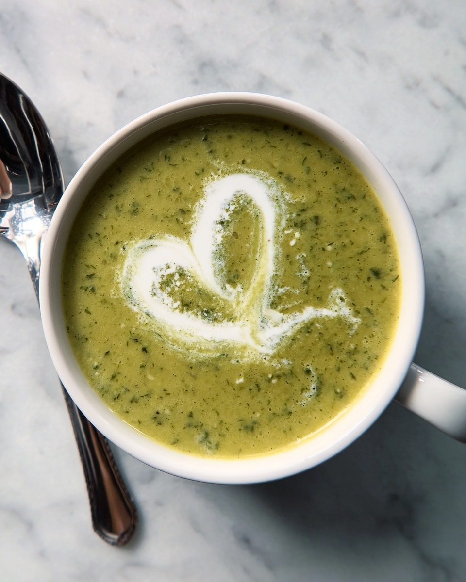 A white bowl filled with green cream soup with small green herb pieces mixed throughout. On top, there is a swirl of white cream in a heart-like shape placed slightly off center. The bowl sits on a white marbled surface with a shiny silver spoon next to it on the left side. photo taken with an iphone --ar 4:5 --v 7