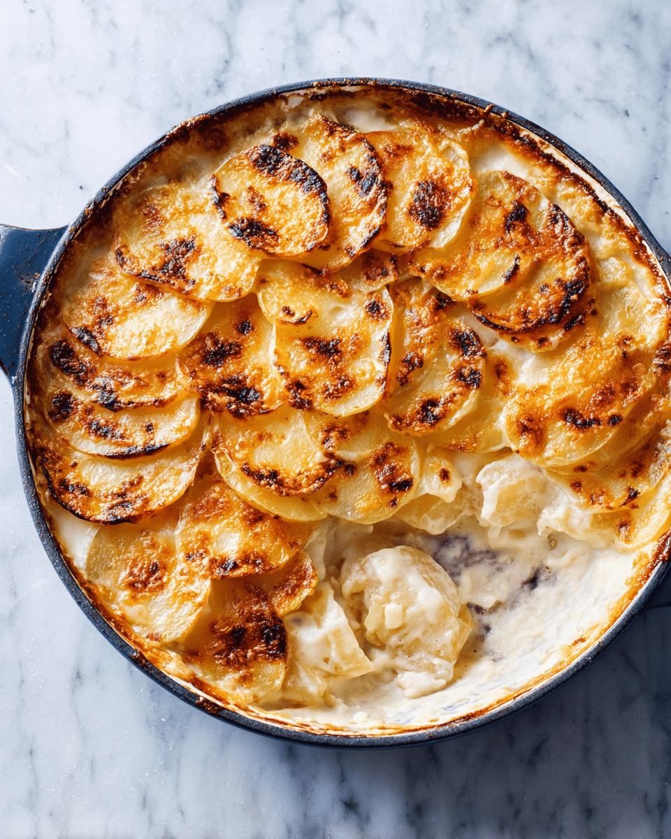 This dish shows a round white pan filled with a baked potato gratin. The top layer is made of thin, overlapping slices of golden-brown baked potatoes arranged in a circular pattern, with some crispy cheese browned spots scattered around. Inside, the layers are creamy with smooth white sauce between thin potato slices. Part of the gratin is scooped out from the lower right side, revealing the creamy inside with visible soft potato pieces and sauce. The pan rests on a surface with a white marbled texture photo taken with an iphone --ar 4:5 --v 7
