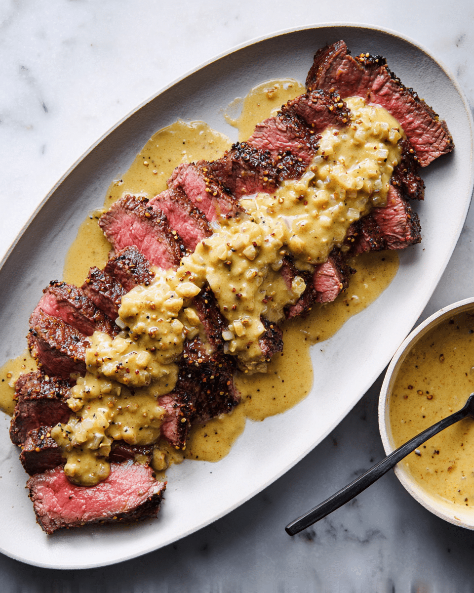 A white oval plate holds several thick slices of medium-rare steak arranged in a slightly overlapping line, showing a pinkish-red center with a seared brown crust. Creamy sauce with small bits of onion covers the steak unevenly, pooling slightly underneath. To the right, a small white bowl contains more of the same pale yellow sauce with visible pepper flakes, along with a black spoon resting inside. The background is a white marbled texture. photo taken with an iphone --ar 4:5 --v 7