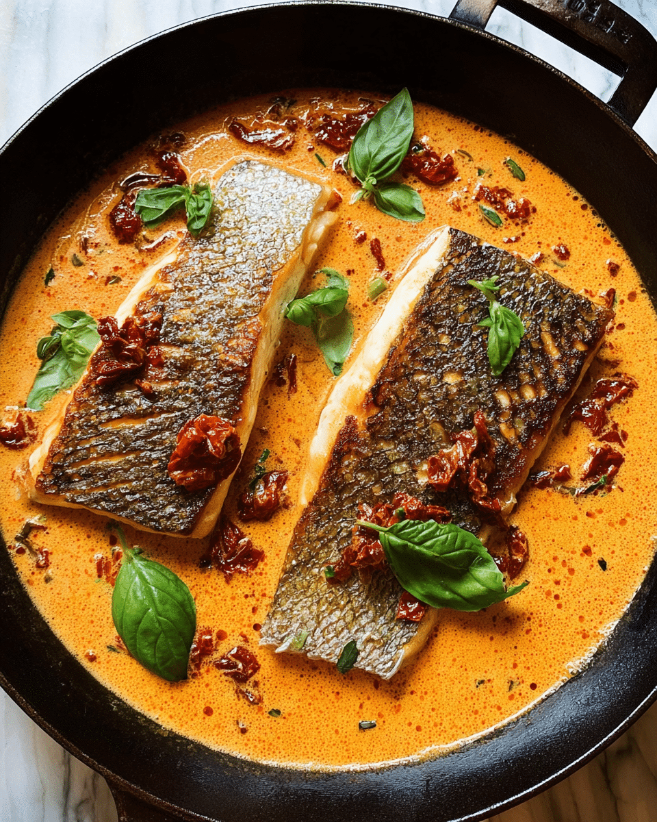Two pieces of cooked fish with golden brown, crispy skin lie side by side in a black cast iron pan filled with a thick, creamy orange sauce dotted with small bits of red sun-dried tomatoes and herbs. Fresh green basil leaves are scattered across the fish and sauce, adding a bright color contrast. The pan rests on a white marbled surface. photo taken with an iphone --ar 4:5 --v 7
