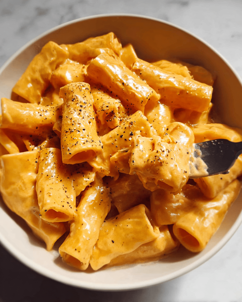 A close-up of a white bowl filled with large tube-shaped pasta covered in a thick, creamy orange sauce. The pasta is coated evenly and sprinkled lightly with black pepper. A fork is lifting one pasta piece in the right side of the bowl, showing the creamy sauce flowing slightly. The pasta looks soft and smooth with a shiny texture, sitting against a white marbled surface. photo taken with an iphone --ar 4:5 --v 7