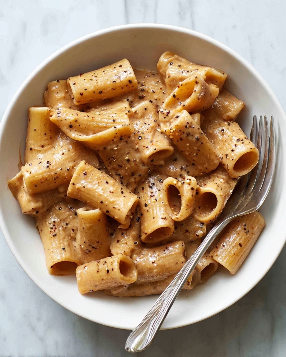 A white bowl filled with thick, tubular pasta coated in a creamy, light brown sauce with visible specks of black pepper, giving the sauce a slightly grainy texture. The pasta pieces are scattered evenly in the bowl, showing their hollow centers and smooth, glossy surface. A silver fork rests diagonally inside the bowl, with its handle extending out towards the bottom right corner. The bowl sits on a white marbled surface. Photo taken with an iphone --ar 4:5 --v 7