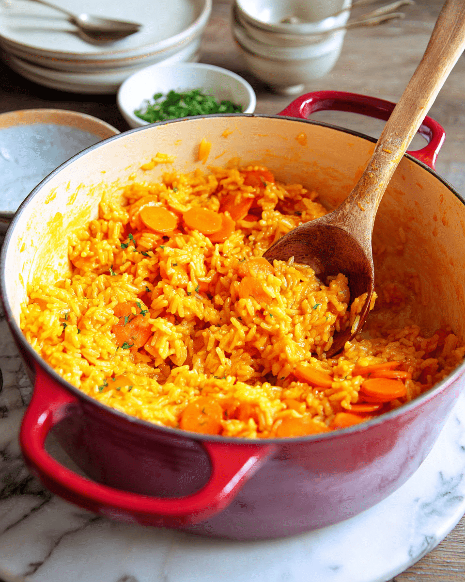 A red pot filled with a thick, bright orange rice dish with visible slices of tender cooked carrots mixed in, showing a creamy texture. A wooden spoon rests inside the pot, slightly coated with the creamy orange rice, which clings lightly to the sides of the pot. The pot sits on a white marbled surface, and in the blurred background, there are two small white bowls with green herbs and another ingredient, as well as stacked white plates with a silver spoon on top. photo taken with an iphone --ar 4:5 --v 7