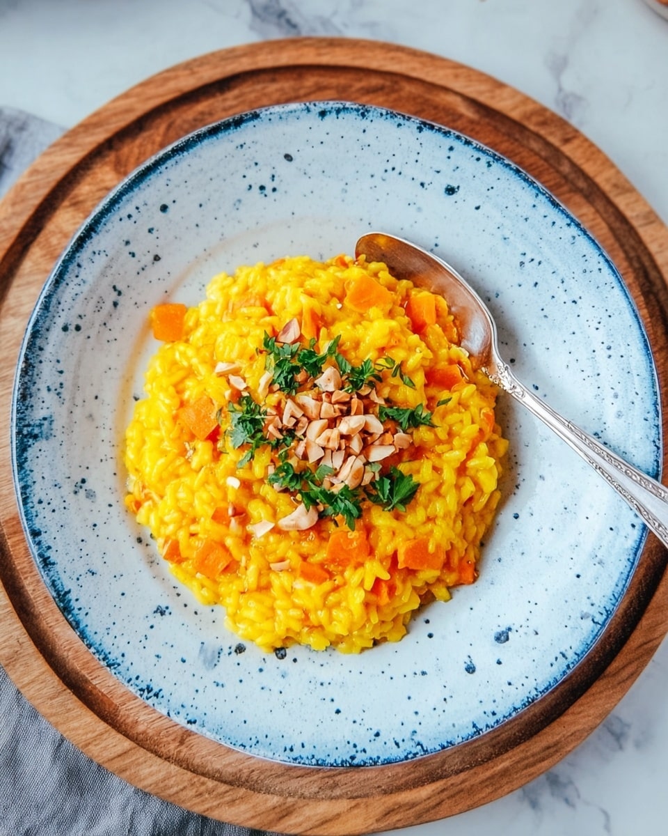 A white ceramic plate with speckled blue details holds a single layer of bright yellow risotto mixed with orange carrot pieces, topped with a small pile of chopped nuts and fresh green herbs in the center. A silver spoon rests inside the plate on the right side. The plate is placed on a round wooden board, all set on a white marbled textured surface. Photo taken with an iphone --ar 4:5 --v 7