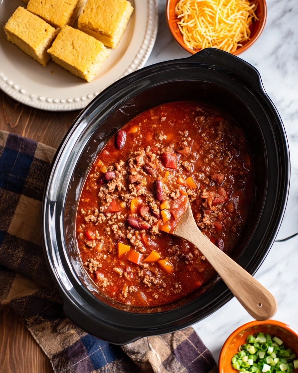 A black slow cooker filled with chunky red chili that has visible layers of ground meat, kidney beans, diced red and orange bell peppers, and a thick red tomato base; a wooden spoon lies inside, partially submerged, scooping some chili. To the top left, a white plate holds several square pieces of cornbread with a golden-brown crust. On the bottom right, two small orange bowls contain shredded yellow cheese and chopped green onions. A checkered cloth in dark blue, brown, and white lies beneath the slow cooker, all set on a white marbled surface. Photo taken with an iphone --ar 4:5 --v 7