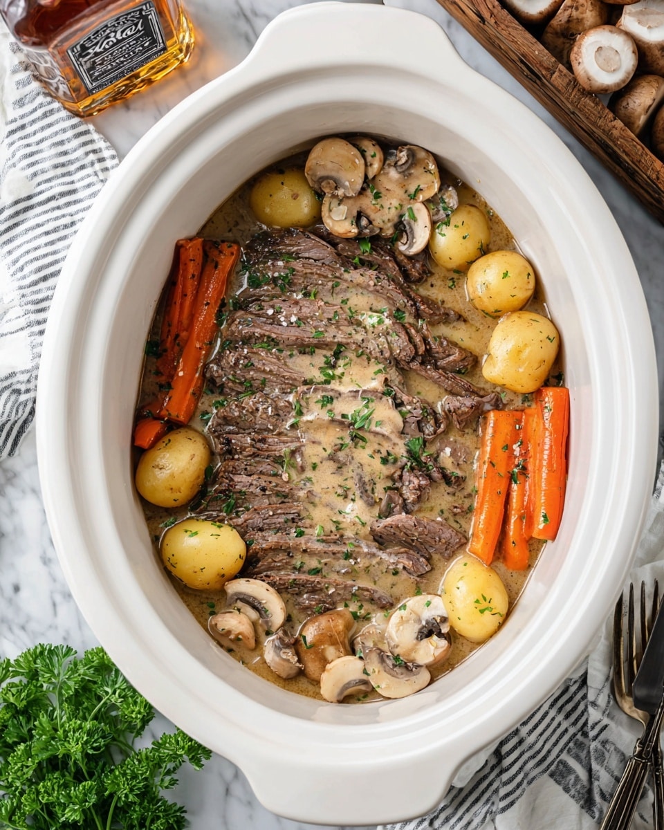 Inside a white slow cooker, several strips of brown cooked meat lie flat in the center, covered in creamy light beige sauce with green herb sprinkles. Surrounding the meat are layers of orange baby carrots, halved light golden potatoes, sliced beige mushrooms, and light brown onion pieces, all coated in the same sauce. The slow cooker rests on a white marbled surface with fresh green parsley at the bottom left and a crate of light brown mushrooms on the top right. A bottle of whiskey, some silverware, and a striped towel are partially visible in the background. photo taken with an iphone --ar 4:5 --v 7