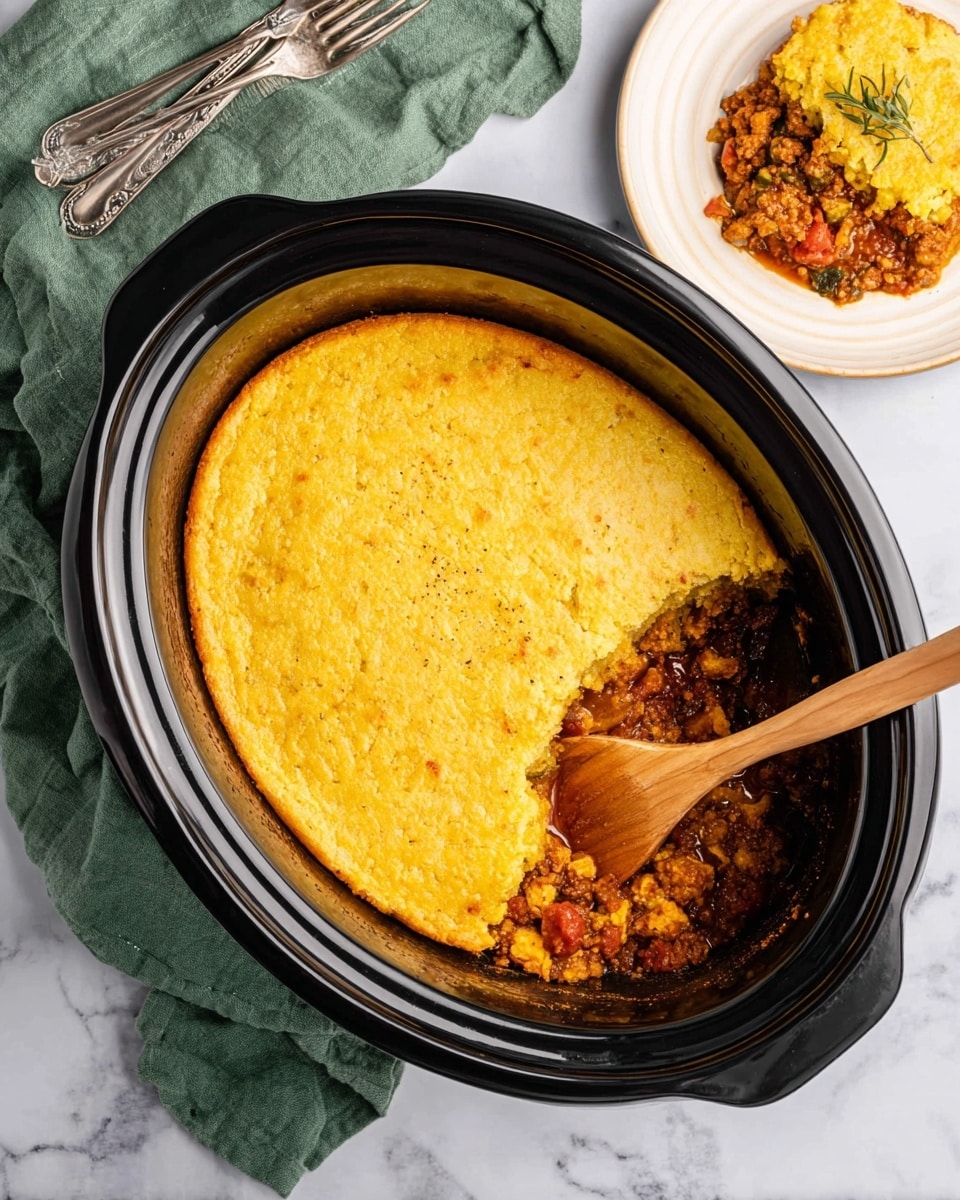 The image shows a black oval slow cooker filled with a two-layer baked dish. The top layer is a golden-yellow baked crust with a slightly crispy edge, smooth in texture, covering the filling underneath. The bottom layer is a chunky, thick mix of vegetables and ground meat with warm brown and red tones, visible where a scoop is taken out with a wooden spoon resting inside. To the top right, a white plate holds a serving of the same dish, showing the layered structure clearly with the golden crust on top and the hearty filling beneath. The setup is on a white marbled surface with a green cloth nearby and two silver forks placed at the top left. Photo taken with an iphone --ar 4:5 --v 7