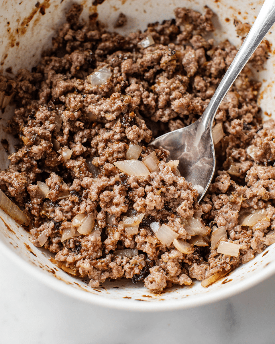 A close-up view of cooked ground meat mixed with small pieces of translucent, soft onions, all in a white bowl. The meat is a mix of brown and gray colors with a slightly moist texture, showing bits clinging together. The bowl’s inside rim has some brown residue, indicating cooking juices. A silver spoon is partially buried in the meat mixture, ready to scoop. The background is a white marbled texture. photo taken with an iphone --ar 4:5 --v 7