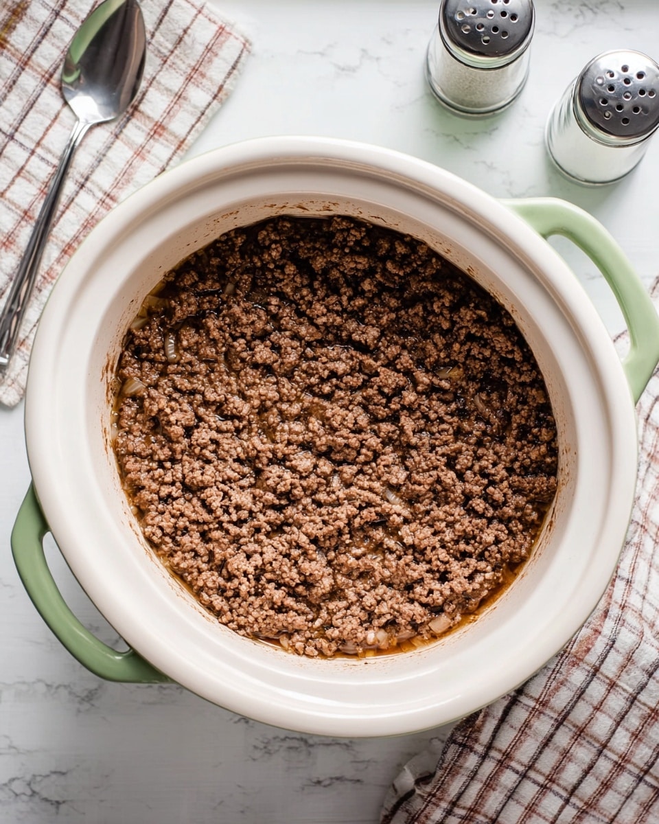 Inside a large white crockpot with pale green handles, there is one layer of cooked ground beef with bits of onion mixed in. The beef is brown with some darker cooked edges and a slight shiny layer of oil or juices on top. The crockpot is on a white marbled surface, with a metal spoon resting on a checkered cloth nearby, and salt and pepper shakers are placed in the background. Photo taken with an iphone --ar 4:5 --v 7
