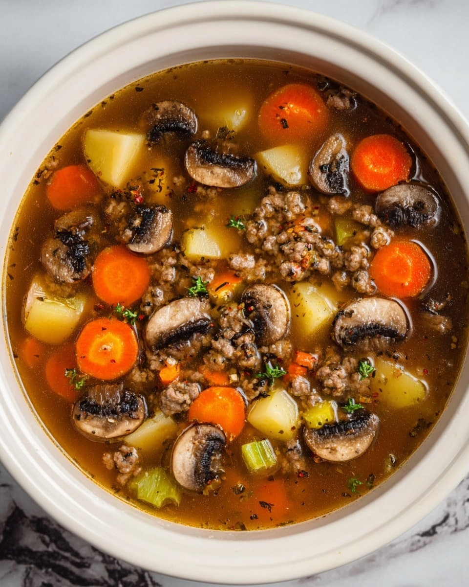 A white bowl filled with a brown broth soup shows several layers. The top layer has whole, dark brown mushrooms scattered around. Below this, there are slices of bright orange carrots and small cubes of yellow potatoes mixed with tiny bits of cooked ground meat that is light brown. The broth is clear with visible herbs and spices, and small pieces of green celery float in it, giving a mix of colors and textures. The bowl is set on a surface with a white marbled texture. photo taken with an iphone --ar 4:5 --v 7