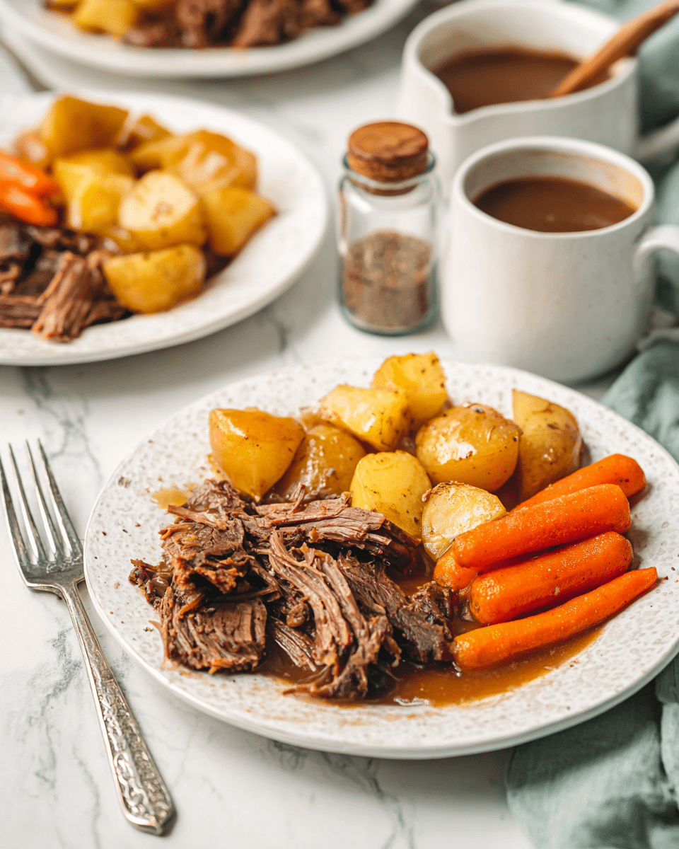 A white plate holds three main layers in an organized manner: shredded brown roast beef at the front with visible texture and fat, two orange carrots placed diagonally on each side, and large chunks of golden yellow potatoes behind the beef, all covered lightly in glossy brown gravy. The plate sits on a white marbled surface with a silver fork on its left side. In the background, there are two more white plates with similar food, a small jar of seasoning with a wooden spoon, and a white cup filled halfway with brown gravy. The setting is well-lit and inviting, showing a cozy meal. photo taken with an iphone --ar 4:5 --v 7
