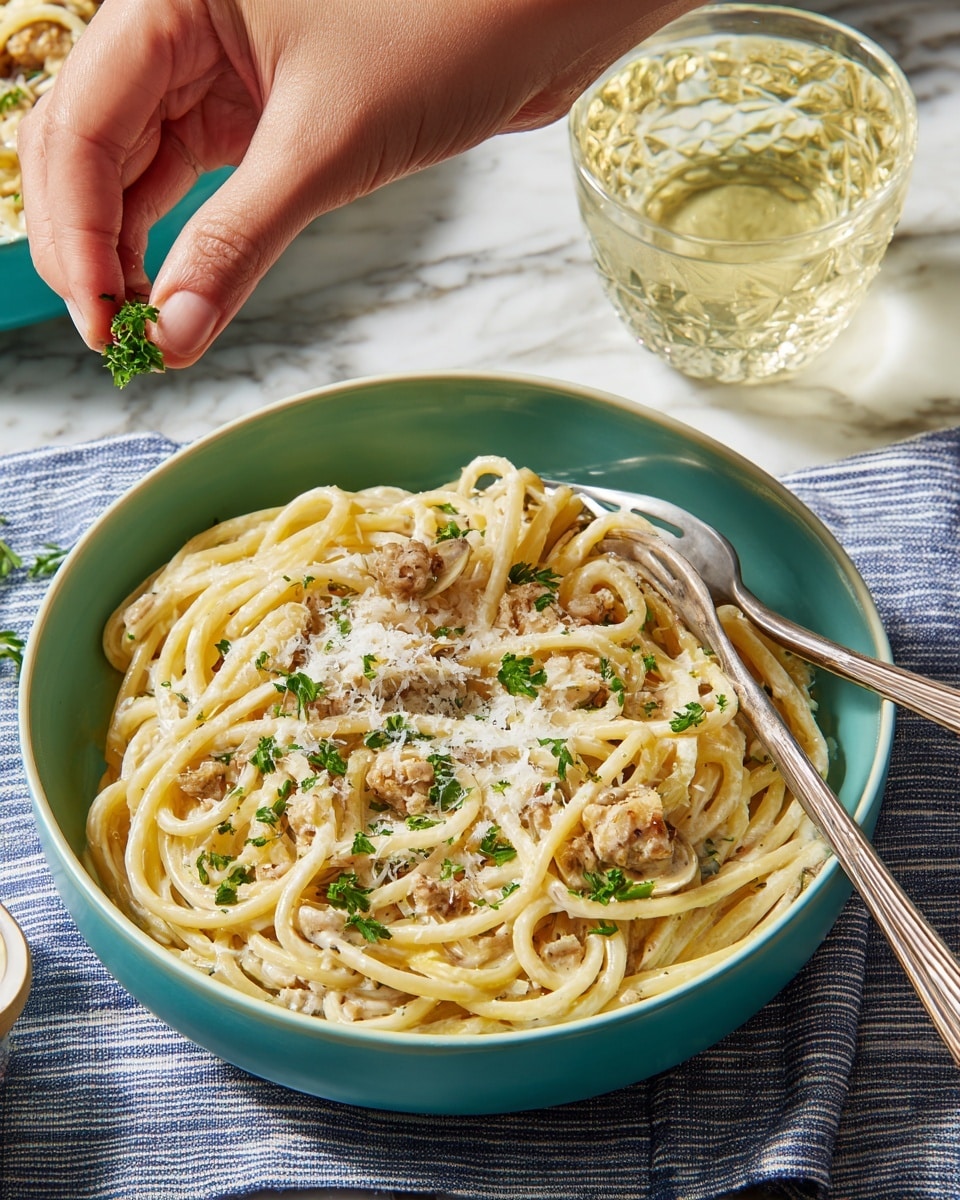 A white bowl filled with a bed of cream-colored spaghetti pasta, coated in a light creamy sauce with small bits of clams mixed in, topped with grated white cheese and sprinkled with chopped green herbs as a woman's hand adds more herbs from above. The bowl sits on a blue and white striped cloth on top of a white marbled surface, with a silver fork to the side and a cut glass of light yellow drink blurred in the background. Photo taken with an iphone --ar 4:5 --v 7