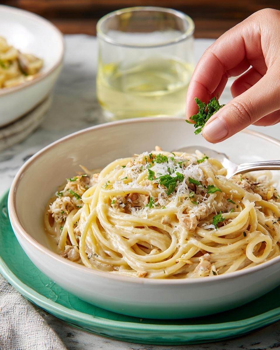 A white bowl filled with creamy spaghetti pasta layered with a light sauce mixed with small bits of clams or seafood, topped with finely grated white cheese and sprinkled with chopped green herbs. A woman's hand is seen pinching more green herbs to add on top. In the blurred background, there is another white bowl with pasta and a clear glass of light yellow drink, all placed on a white marbled textured surface. photo taken with an iphone --ar 4:5 --v 7