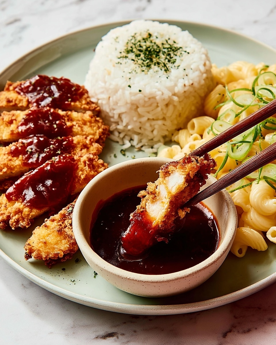 A white round plate shows a meal with three main parts: golden-brown crispy chicken strips topped with dark reddish sauce on the left, a mound of white rice sprinkled with green seasoning in the middle, and creamy yellow macaroni mixed with green onion slices on the right. In the foreground, a small beige bowl filled with thick dark reddish sauce sits on the plate, and a piece of crispy chicken strip is held by chopsticks dipping into the sauce. The plate is set on a white marbled surface. photo taken with an iphone --ar 4:5 --v 7