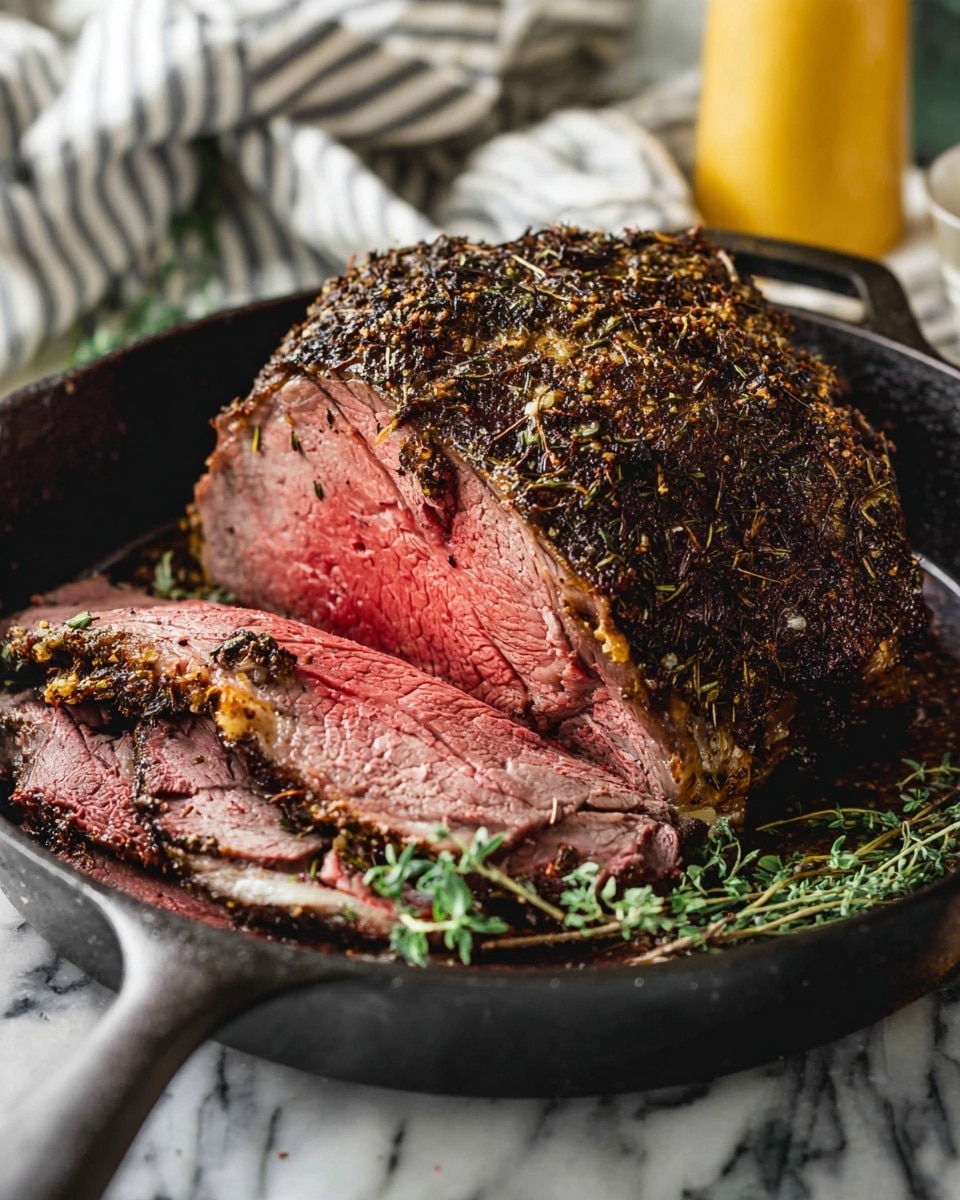 A thick cut of roast beef with a dark brown, crispy, and herb-covered crust sits in a black cast iron pan. The meat is sliced, showing a pink to red juicy interior with a tender texture, layered beneath the crust. Sprigs of fresh green herbs rest inside the pan, adding a touch of color. The background is a soft focus with a striped cloth and a yellow bottle sitting on a white marbled surface. photo taken with an iphone --ar 4:5 --v 7