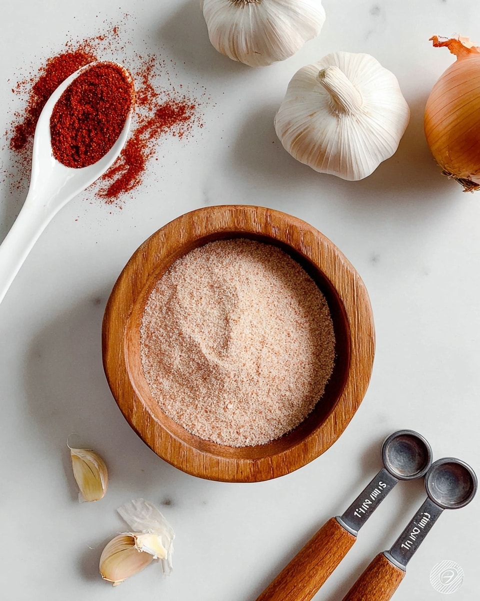 A wooden bowl filled with a finely ground, light pink spice mix sits centered on a white marbled surface. Around it, there are three whole garlic bulbs with white papery skins, and one whole onion with light brown skin near the top edge. To the left, a white spoon holds a pile of bright red chili powder with some powder spilled on the marble surface. Two small metal measuring spoons with wooden handles marked
