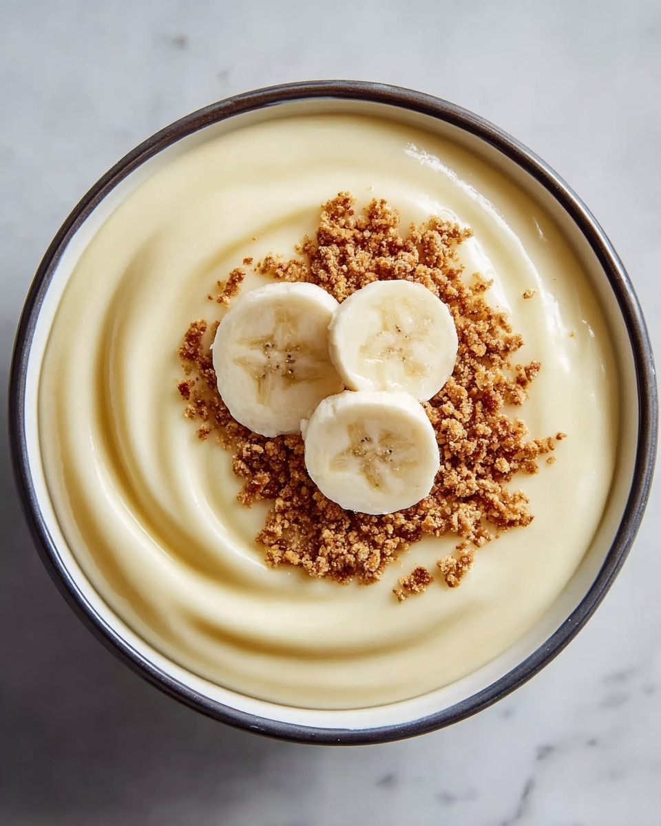 A white bowl with a dark rim holds a smooth, creamy light yellow pudding that fills the bowl in a single thick layer with soft swirl patterns on the surface; on top, there is a scattered layer of crushed brown crumbs and three round slices of banana placed close together in the center, showing their pale cream color and soft texture. The bowl sits on a white marbled surface. photo taken with an iphone --ar 4:5 --v 7