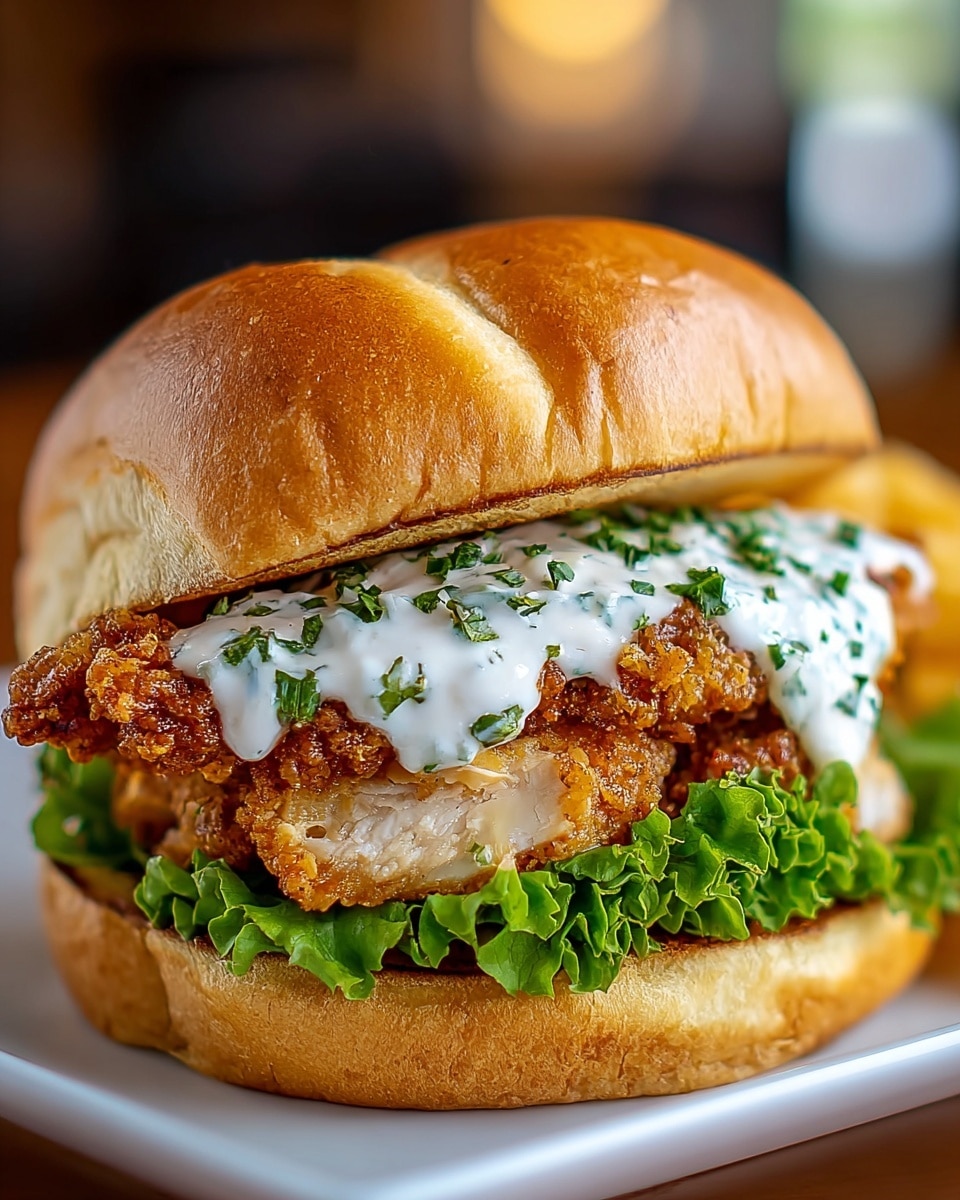 A close-up of a sandwich with five visible layers: at the bottom, a soft golden bun with a slightly shiny surface; above it, a layer of bright green leafy lettuce; next, a crispy golden-brown fried chicken fillet with a crunchy texture; on top of the chicken, a thick white sauce speckled with chopped green herbs; and finally, a fluffy golden top bun with a lightly browned crust. The sandwich sits on a white plate with a blurred background suggesting a warm indoor setting. Photo taken with an iphone --ar 4:5 --v 7