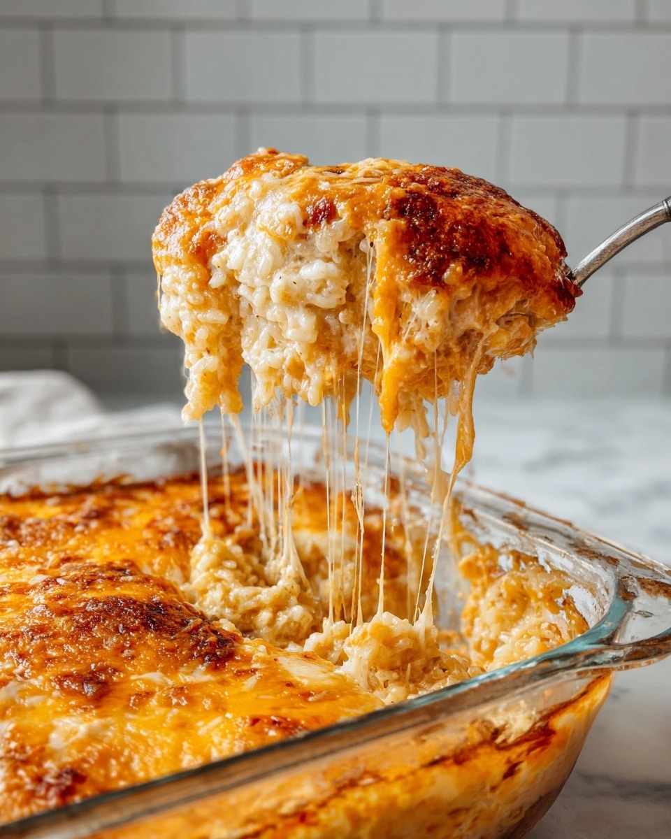A close-up view of a large scoop of cheesy baked rice lifted from a clear glass baking dish, with melted cheese strands stretching between the dish and the scoop. The top layer is golden brown melted cheese with crispy browned spots, while underneath is a thick layer of creamy, slightly orange melted cheese mixed with soft, textured rice grains. The dish sits on a white marbled surface with a light gray tiled wall in the background. photo taken with an iphone --ar 4:5 --v 7