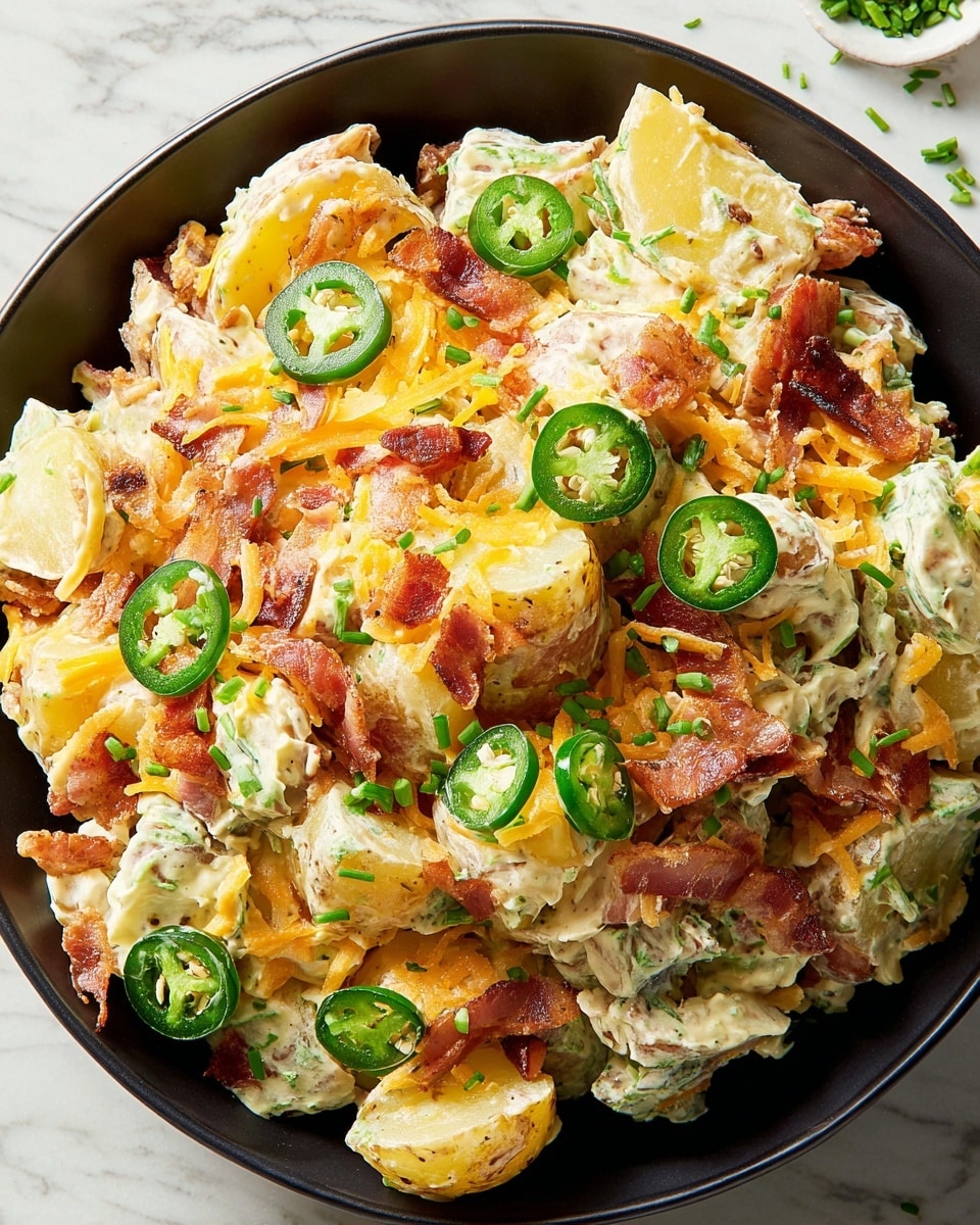 A close-up of a potato salad served in a white bowl on a white marbled surface, showing several large yellow potato chunks mixed with thin orange shredded cheese and crispy dark brown bacon pieces, slices of green jalapeño peppers are scattered throughout, all coated in a creamy light sauce and topped with finely chopped green chives, a spoon lifts a portion of the salad with visible layers of potatoes, bacon, cheese, and jalapeños, photo taken with an iphone --ar 4:5 --v 7
