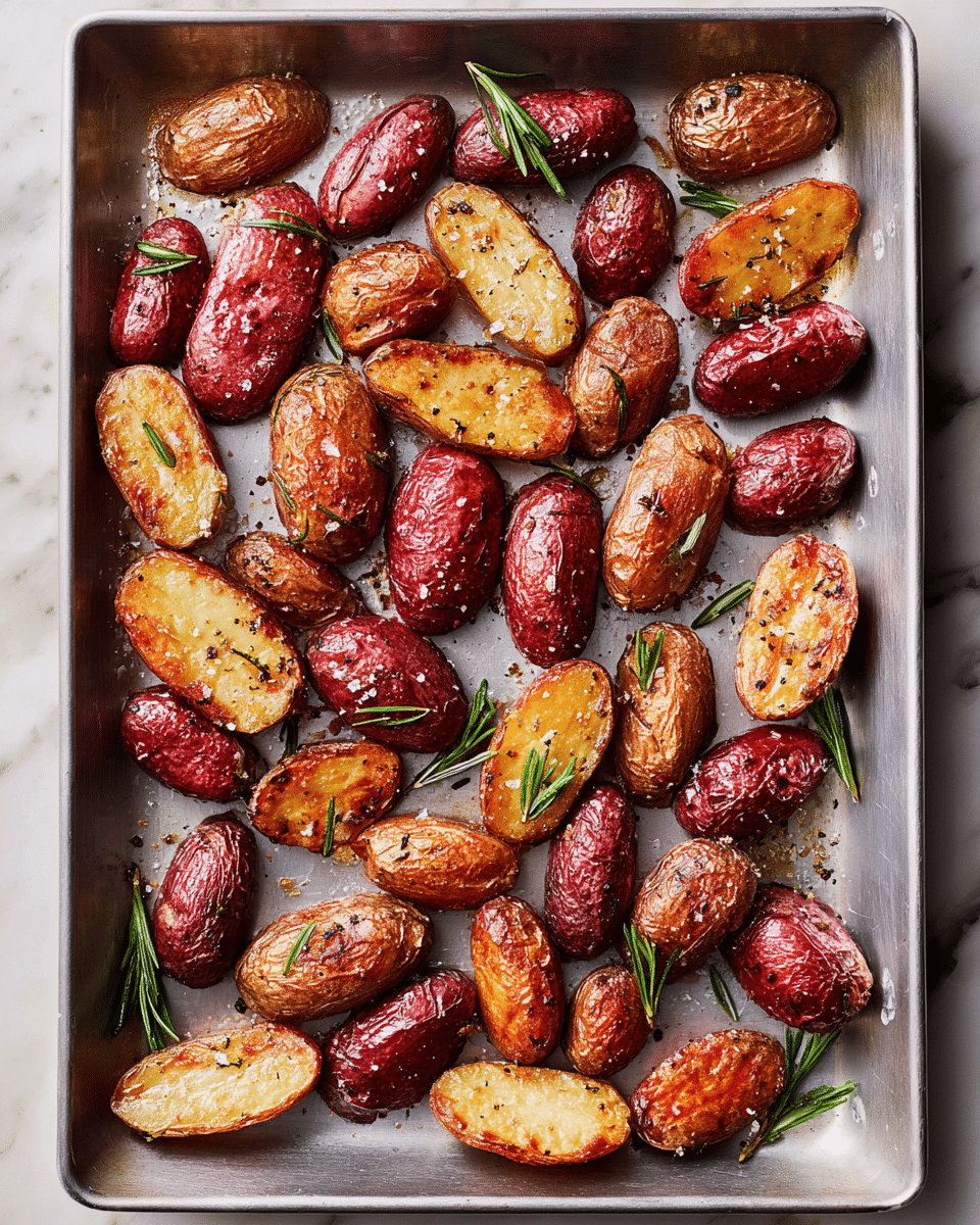 This image shows crispy roasted fingerling potatoes on a metal baking tray placed on a white marbled surface. The potatoes are halved, with one side golden brown and crunchy, showing a rough texture, while the other side is a deep red-purple with a smooth skin. Small green rosemary sprigs are scattered throughout, adding a fresh green contrast. The potatoes are sprinkled lightly with coarse salt and black pepper, highlighting their crispy, seasoned surface. photo taken with an iphone --ar 4:5 --v 7