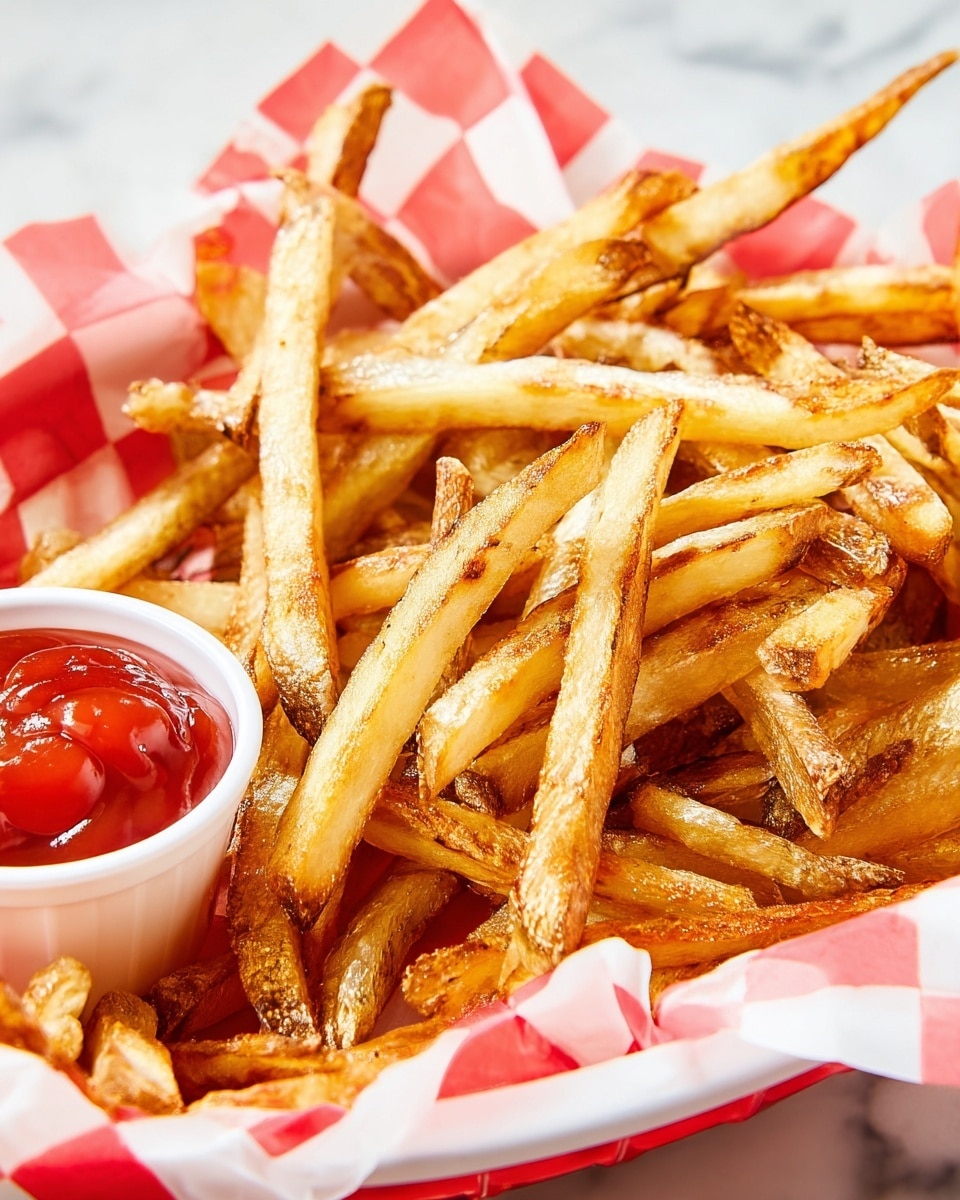 A white bowl filled with thick, shiny red ketchup sits to the top left corner of the image, with three golden brown French fries dipped into the ketchup, resting on the edge of the bowl. The fries are long and thin, showing a crispy texture with some salt crystals scattered on them. They are spread out over a white marbled surface with a few fries overlapping each other, showing varying shades of golden yellow and deep brown where they are crispier. The lighting highlights the salt crystals and the glossy ketchup, making the fries look crunchy and appetizing. photo taken with an iphone --ar 4:5 --v 7