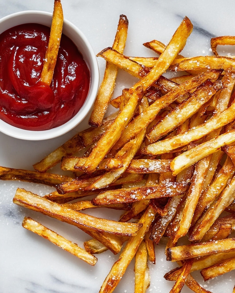 A white basket lined with red and white checkered paper holds a pile of golden brown French fries with crispy edges and some skin on. To the left side of the basket, there is a small white bowl filled with smooth, bright red ketchup. The fries are piled loosely, showing their varied shapes and textures with some fries slightly overlapping others, all against a white marbled texture background. photo taken with an iphone --ar 4:5 --v 7