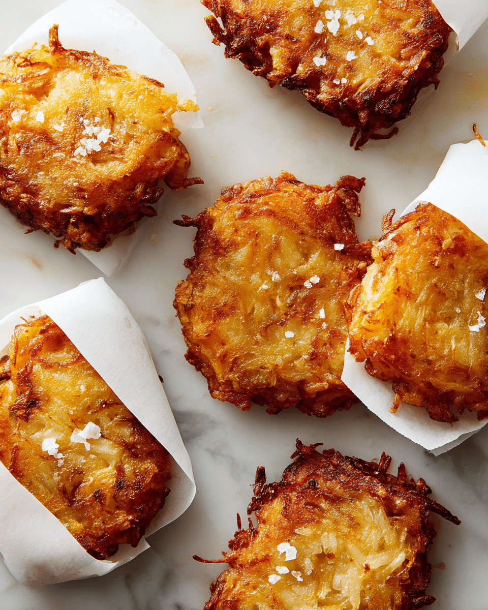 The image shows five golden-brown potato latkes, each with a crispy, textured surface and uneven edges, lightly sprinkled with coarse salt. Three latkes are partially wrapped in white paper sleeves stained with oil, and the other two sit directly on the white marbled surface. The latkes have a rough, shredded potato look with spots that appear darker and crispier from frying, giving a crunchy appearance. The layout is scattered but balanced, showing the latkes’ rough and appetizing texture in bright, natural light. photo taken with an iphone --ar 4:5 --v 7