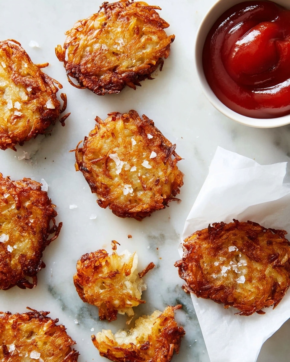 Golden brown hash browns with a crispy, uneven outer layer are scattered on a white marbled surface. Some pieces have coarse salt sprinkled on top, and one hash brown is partially wrapped in white parchment paper. A small white bowl filled with thick, glossy red ketchup sits in the top right corner, adding a vibrant contrast. The textures show shredded potato strands forming the crispy crust with a soft potato inside, visible where one piece is broken. Crumbs are sprinkled around, enhancing the fresh, just-cooked look. photo taken with an iphone --ar 4:5 --v 7