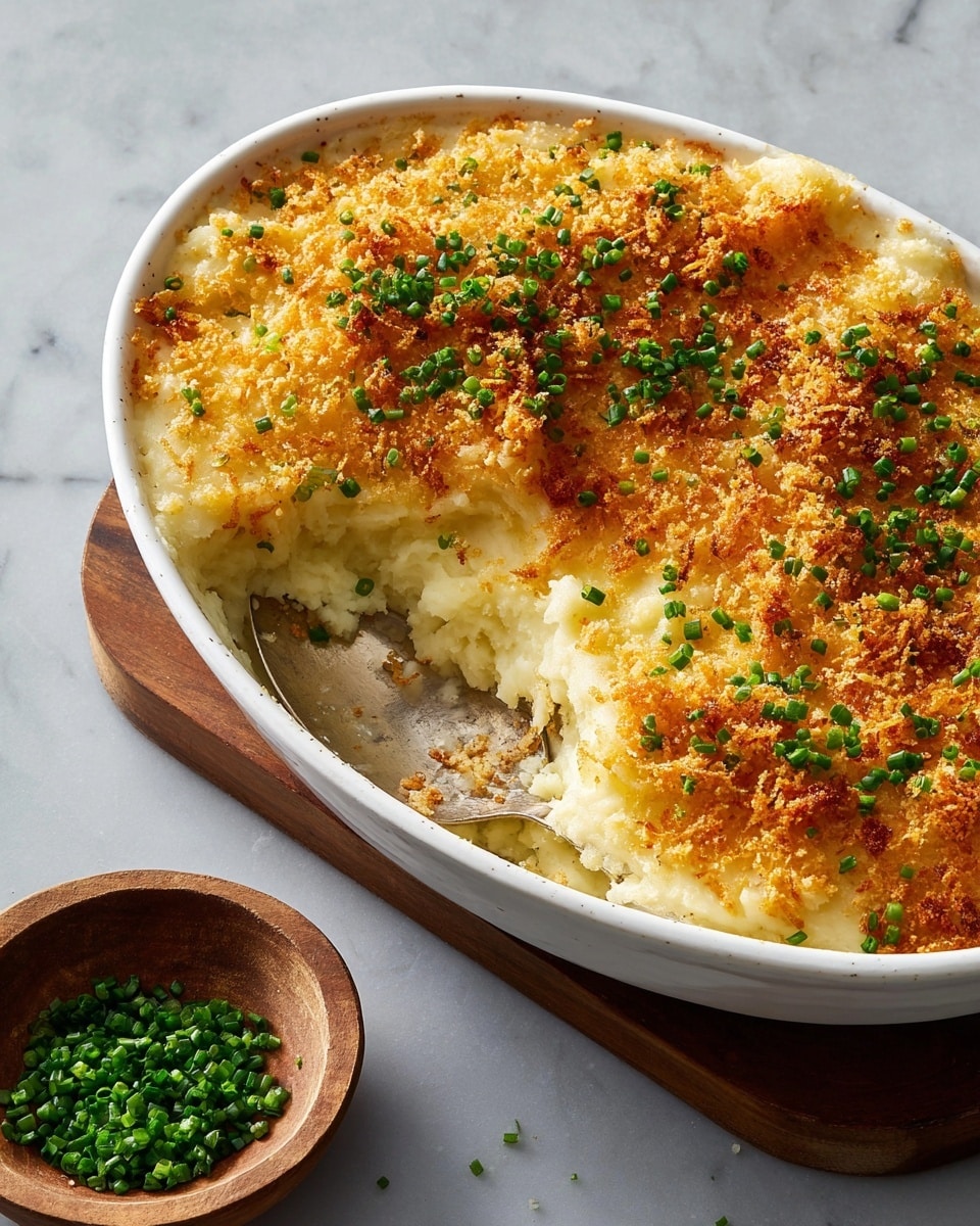 A white oval baking dish filled with a thick, creamy mashed potato casserole topped with a golden brown layer of crispy breadcrumbs and sprinkled with small pieces of fresh green chives. The casserole has a slightly uneven textured surface with browned edges and a spoonful taken out from one side, revealing a soft, smooth, pale yellow inside. In the bottom left corner, a round wooden bowl holds more chopped chives. The background is a white marbled texture. Photo taken with an iphone --ar 4:5 --v 7