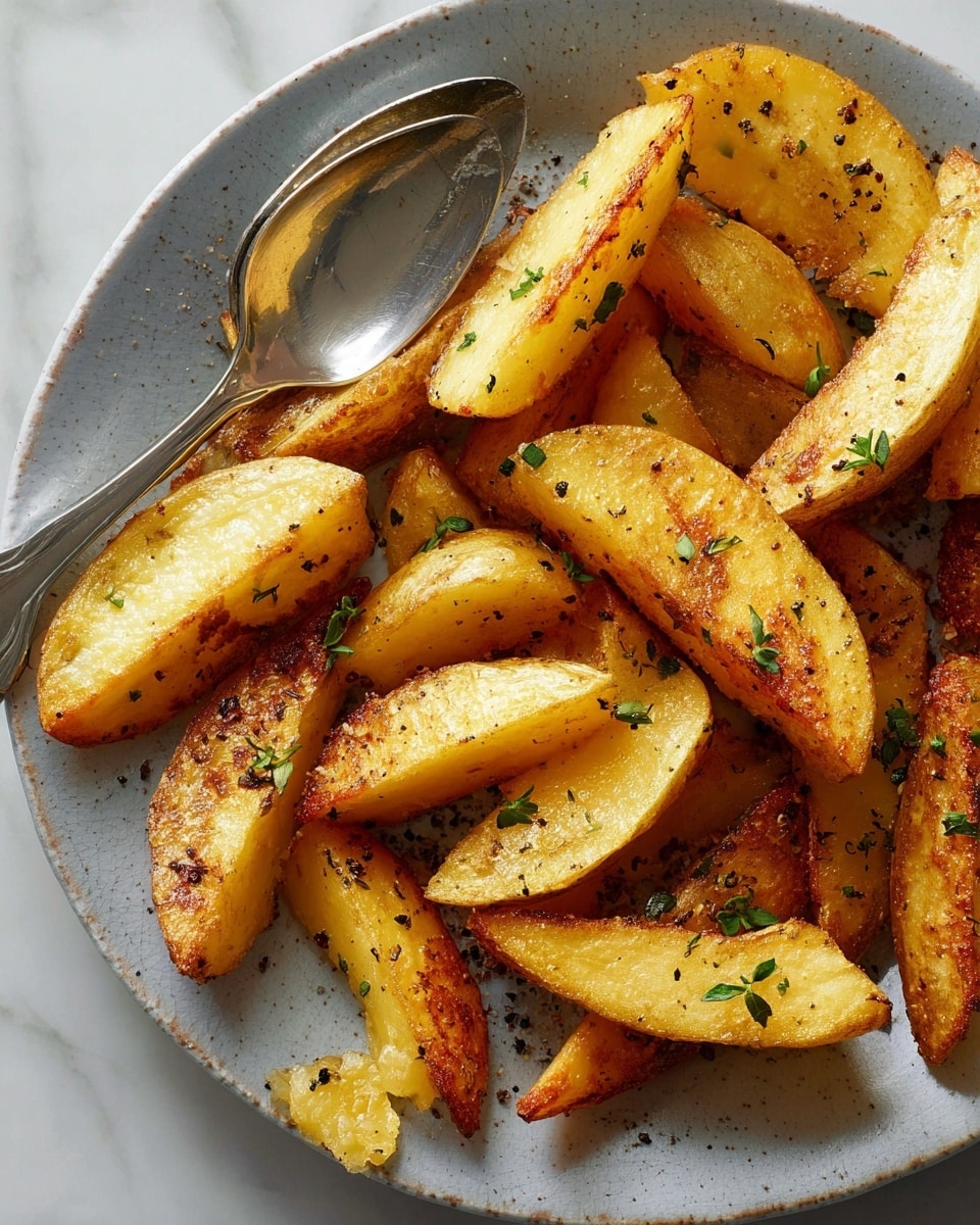 A close-up view of golden roasted potato wedges with a crispy brown edge and soft yellow inside, scattered with small green herb leaves and coarse salt. The wedges are arranged on a white plate with a textured surface, and a silver spoon rests among the potatoes. The white marbled texture surface serves as the background, enhancing the warm tones of the potatoes. Photo taken with an iphone --ar 4:5 --v 7