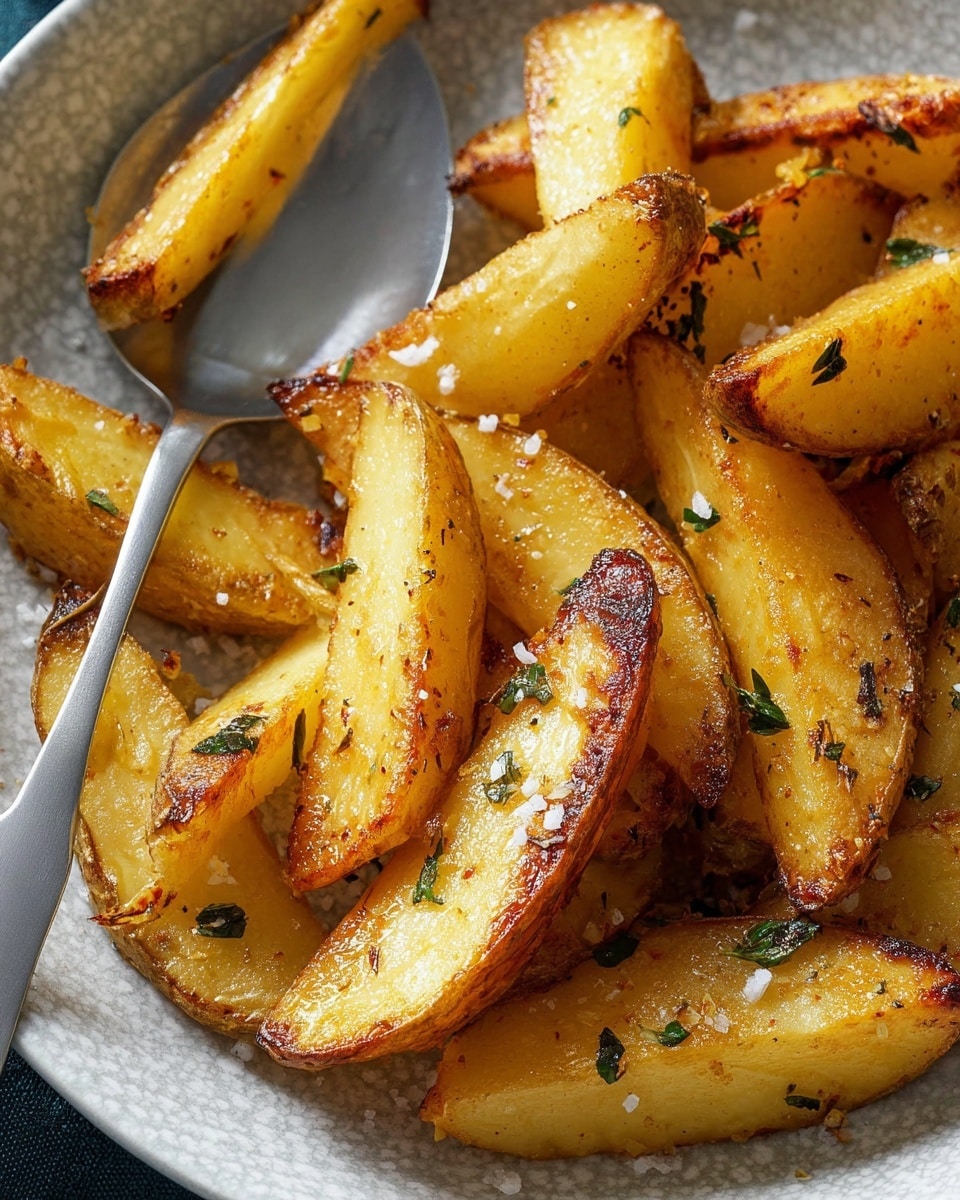 The image shows a close-up of golden-brown roasted potato wedges arranged in one layer on a white plate with a slightly rough texture. Each wedge is thick with crispy browned edges and soft yellow centers, sprinkled lightly with small green herb leaves and black pepper. A silver spoon rests on the left side of the plate among the wedges. The plate is set on a white marbled surface, giving a clean and simple background. Photo taken with an iphone --ar 4:5 --v 7