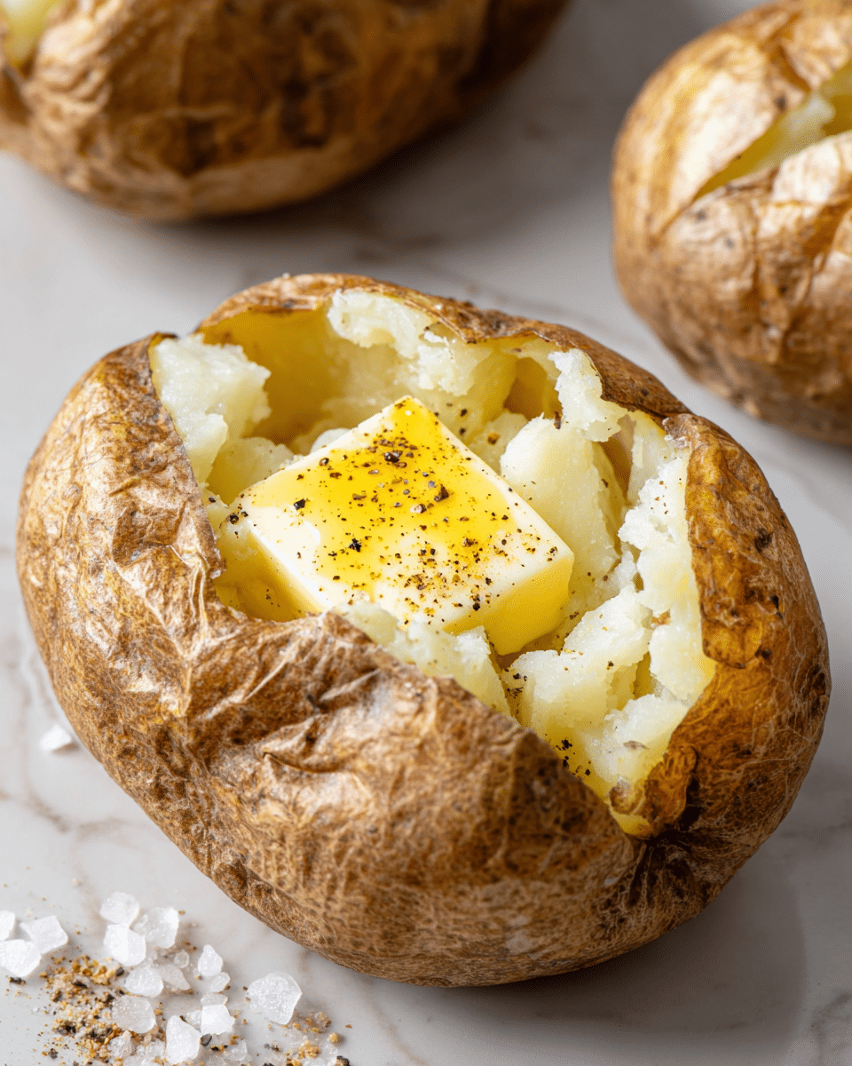 The image shows a baked potato with a rough, brown, wrinkled skin. The potato is cut open on the top, revealing a soft, fluffy, light yellow inside. On top of this potato flesh, there is a glistening yellow square of melting butter sprinkled with small black pepper flakes. Around the potato, there are some grains of coarse salt scattered on a white marbled surface. The background also shows parts of two other baked potatoes with similar textured skin. Photo taken with an iphone --ar 4:5 --v 7