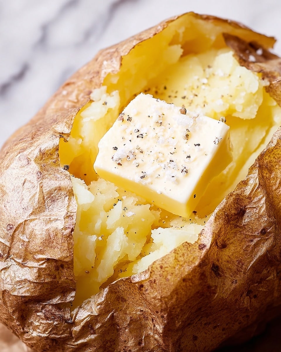A close-up image of a baked potato with its brown, wrinkled skin partially opened to show the soft, light yellow, fluffy inner potato layer. On top of the potato inside, there is a square piece of pale yellow butter slowly melting, with small grains of coarse salt and black pepper sprinkled on it. The background is a white marbled texture. photo taken with an iphone --ar 4:5 --v 7